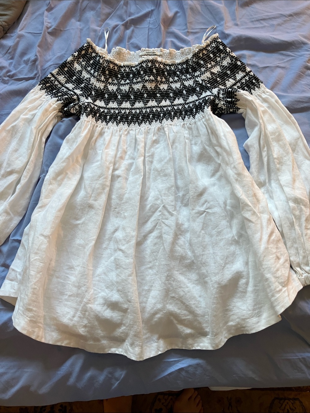 Country Road White Linen white Necked Tunic with Black Smocking Size 8